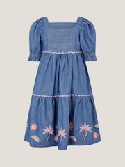 Monsoon Blue Embroidered Puff Sleeve Denim Dress - Image 2 of 3