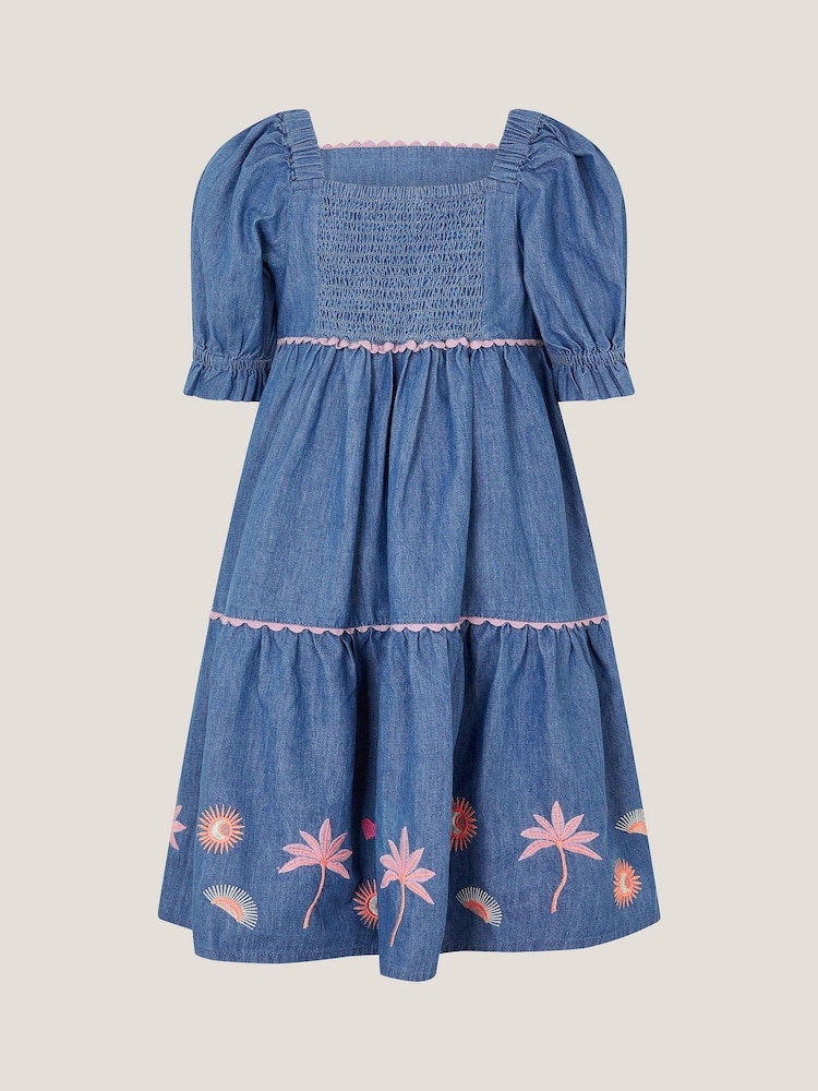 Monsoon Blue Embroidered Puff Sleeve Denim Dress - Image 2 of 3