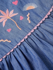 Monsoon Blue Embroidered Puff Sleeve Denim Dress - Image 3 of 3