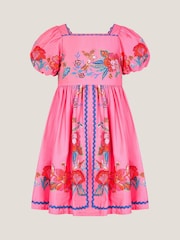 Monsoon Pink Aurelia Tropical Floral Print Puff Sleeve Dress - Image 1 of 3