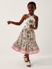 Monsoon Natural Palm Print Embellished Halter Dress - Image 1 of 1