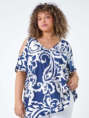 Roman Blue Curve Floral Print Cold Shoulder Blouse - Image 1 of 5