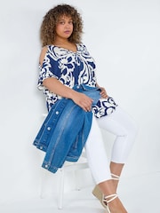 Roman Blue Curve Floral Print Cold Shoulder Blouse - Image 2 of 5