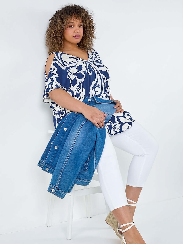 Roman Blue Curve Floral Print Cold Shoulder Blouse - Image 2 of 5