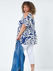 Roman Blue Curve Floral Print Cold Shoulder Blouse - Image 3 of 5