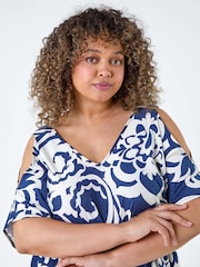 Roman Blue Curve Floral Print Cold Shoulder Blouse - Image 4 of 5