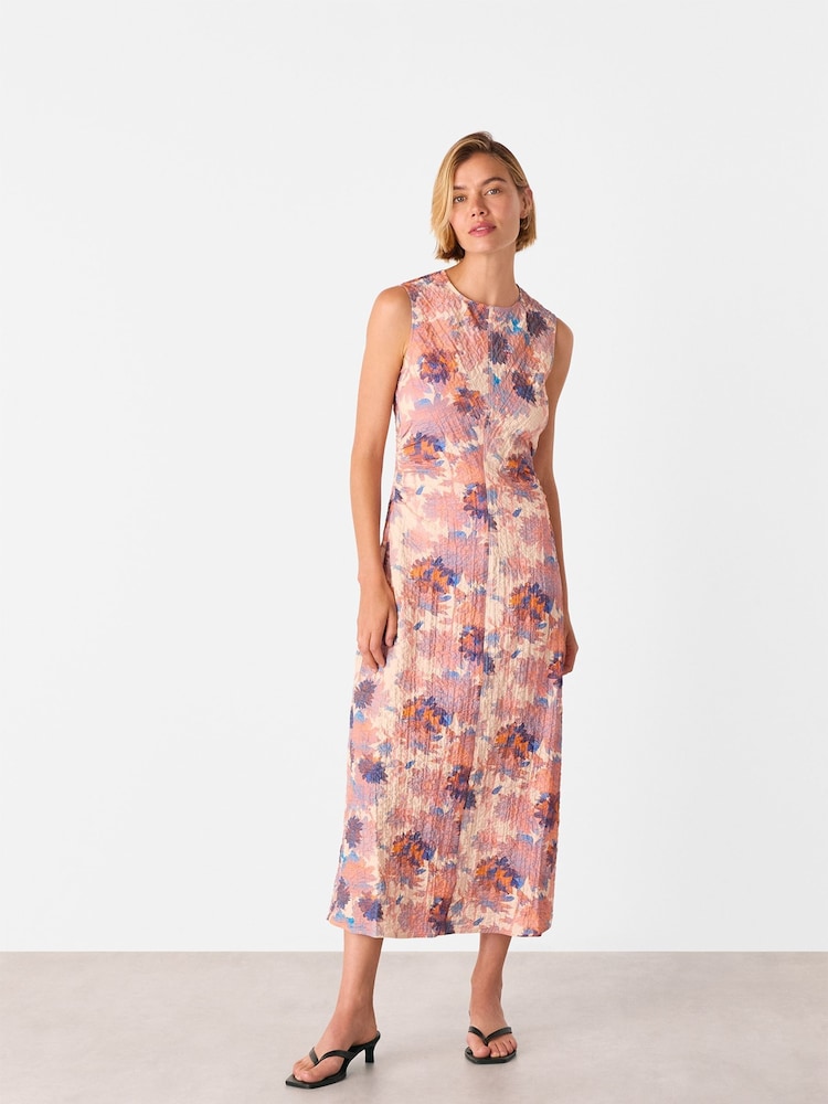 Whistles Pink Floral Print Textured Midi Dress - Image 1 of 5
