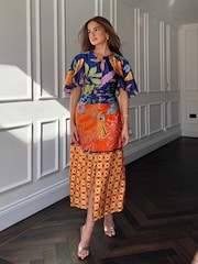 Girl In Mind Blue Havanaa Orange Multi Midi Dress - Image 1 of 4