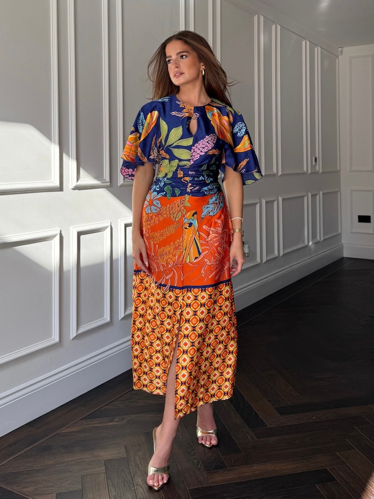 Girl In Mind Blue Havanaa Orange Multi Midi Dress - Image 1 of 4