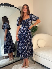 Girl In Mind Blue Jemima Square Neck Polka Dot Midi Dress - Image 1 of 6