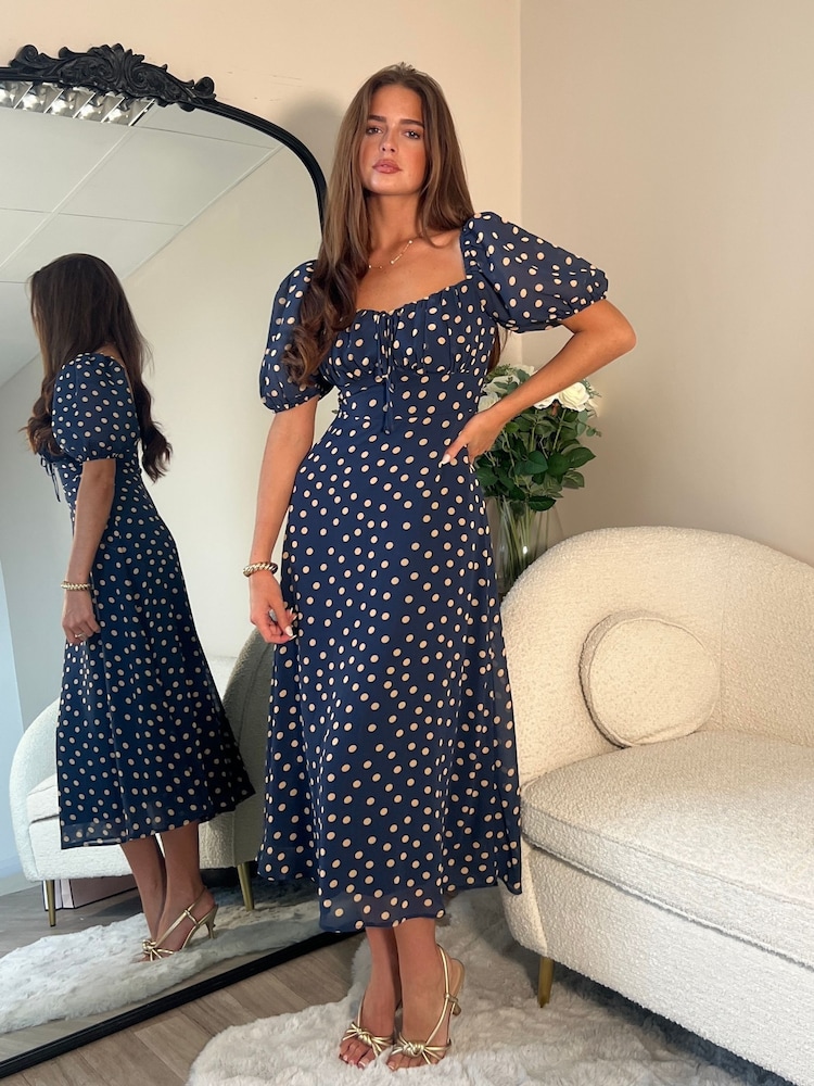 Girl In Mind Blue Jemima Square Neck Polka Dot Midi Dress - Image 1 of 6
