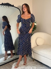 Girl In Mind Blue Jemima Square Neck Polka Dot Midi Dress - Image 2 of 6