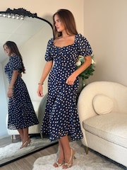 Girl In Mind Blue Jemima Square Neck Polka Dot Midi Dress - Image 3 of 6