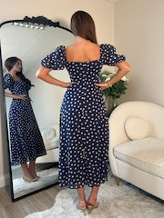 Girl In Mind Blue Jemima Square Neck Polka Dot Midi Dress - Image 4 of 6