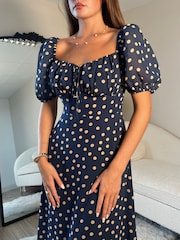 Girl In Mind Blue Jemima Square Neck Polka Dot Midi Dress - Image 5 of 6