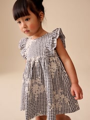 Black/White Gingham Embroidered Frill Sleeve Dress (3mths-8yrs) - Image 1 of 3