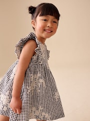 Black/White Gingham Embroidered Frill Sleeve Dress (3mths-8yrs) - Image 2 of 3