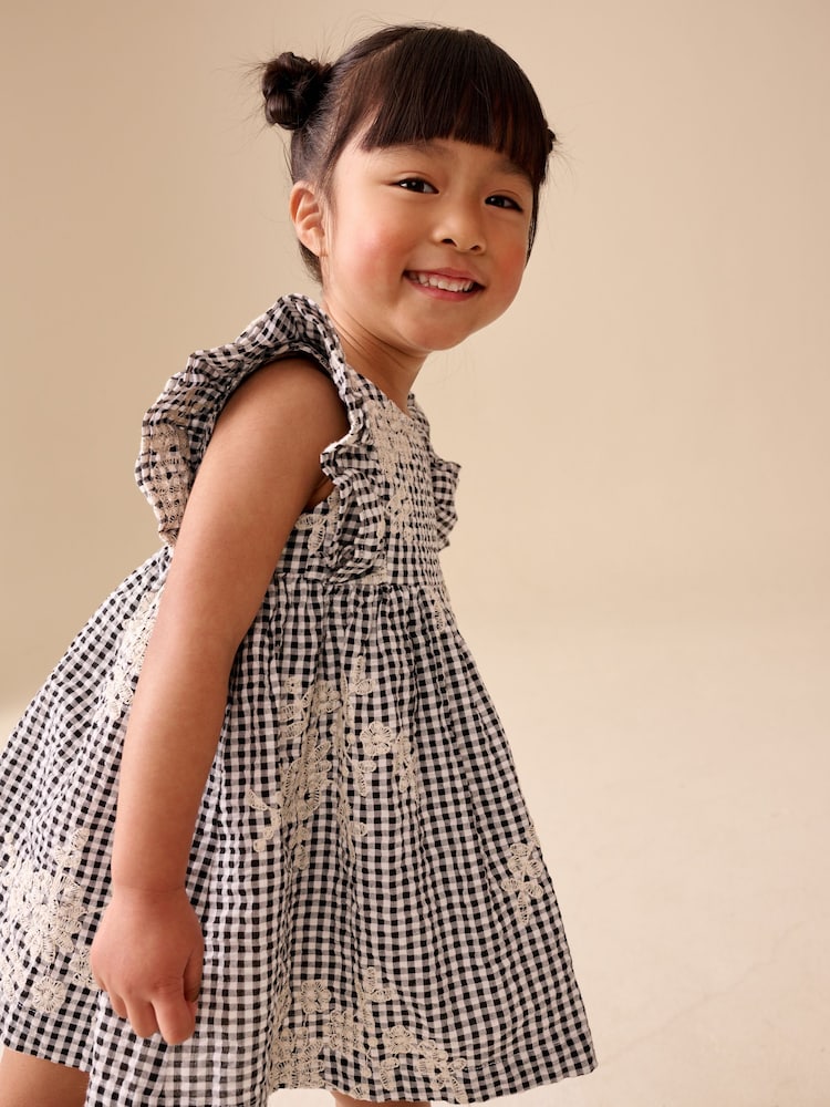 Black/White Gingham Embroidered Frill Sleeve Dress (3mths-8yrs) - Image 2 of 3