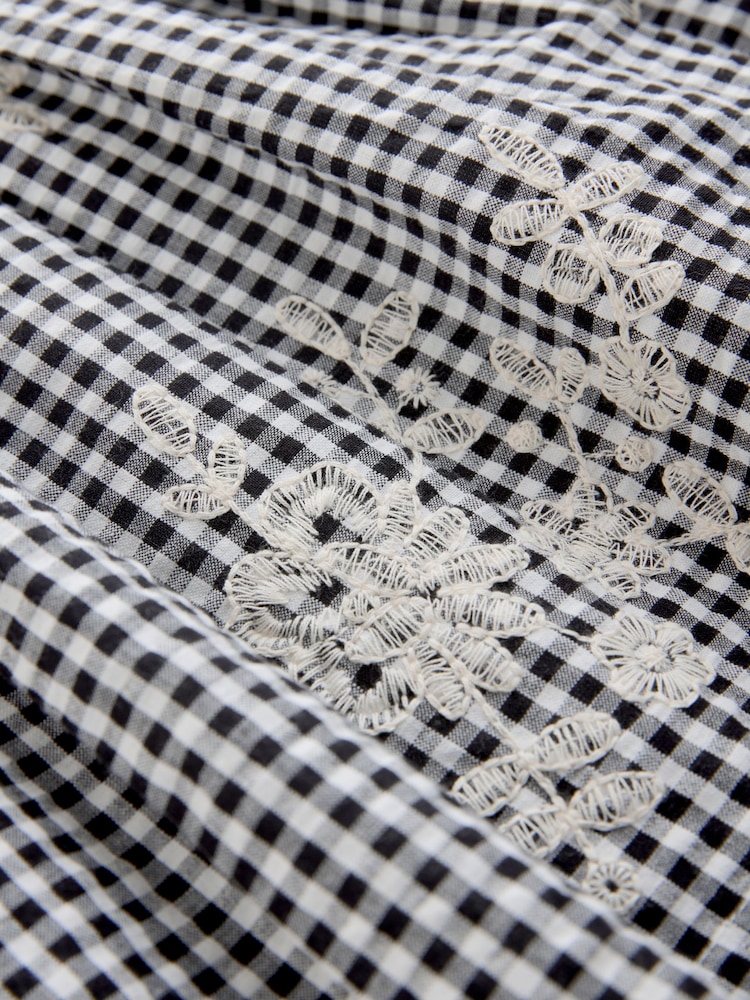 黑色/白色格紋棉布刺繡 - 38荷葉邊袖洋裝（0個月-1歲） - 圖片 7，共 7