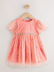 Peach Pink Embroidered Mesh Dress (3mths-8yrs) - Image 4 of 7