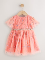 Peach Pink Embroidered Mesh Dress (3mths-8yrs) - Image 5 of 7