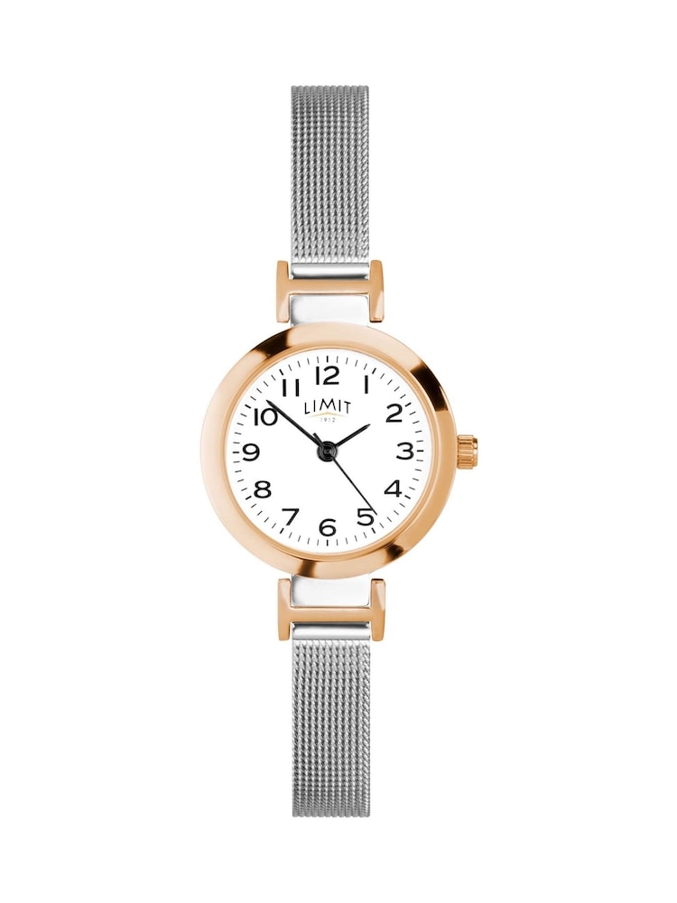 Limit 25mm Womens Round Rose Gold Analogue Watch with Silver Mesh Strap - Image 1 of 4 Limit 25mm Womens Round Rose Gold Analogue Watch with Silver Mesh Strap - Image 1 of 4