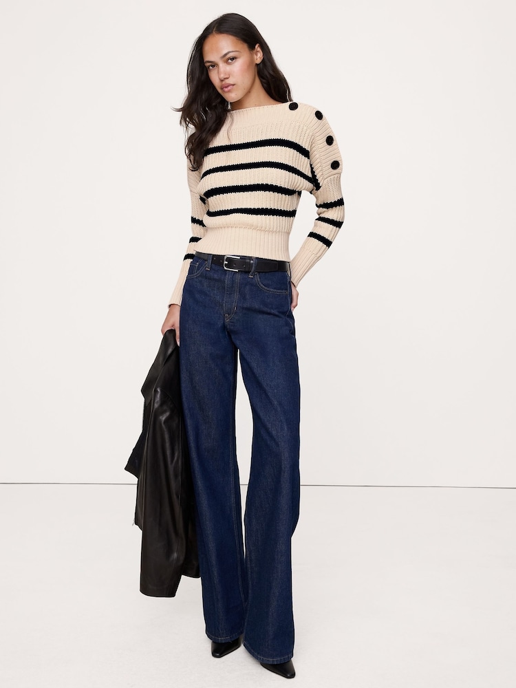 Banana Republic Beige Cotton Button-Shoulder Sweatshirt - Image 1 of 4 Banana Republic Beige Cotton Button-Shoulder Sweatshirt - Image 1 of 4