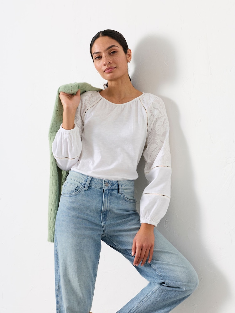 FatFace Ally White Embroidered Sleeve Top - Image 1 of 6 FatFace Ally White Embroidered Sleeve Top - Image 1 of 6