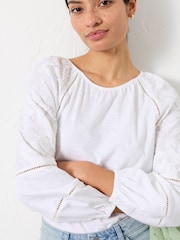 FatFace Ally White Embroidered Sleeve Top - Image 4 of 6