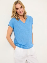 FatFace Lauren Blue Linen V Neck T Shirt - Image 1 of 6