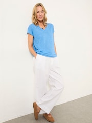 FatFace Lauren Blue Linen V Neck T Shirt - Image 3 of 6