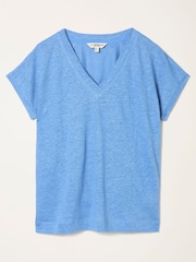 FatFace Lauren Blue Linen V Neck T Shirt - Image 6 of 6