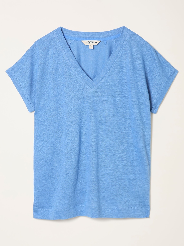 FatFace Lauren Blue Linen V Neck T Shirt - Image 6 of 6