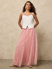 Pink Mesh and Lace Pleated Maxi Skirt - Image 1 of 7