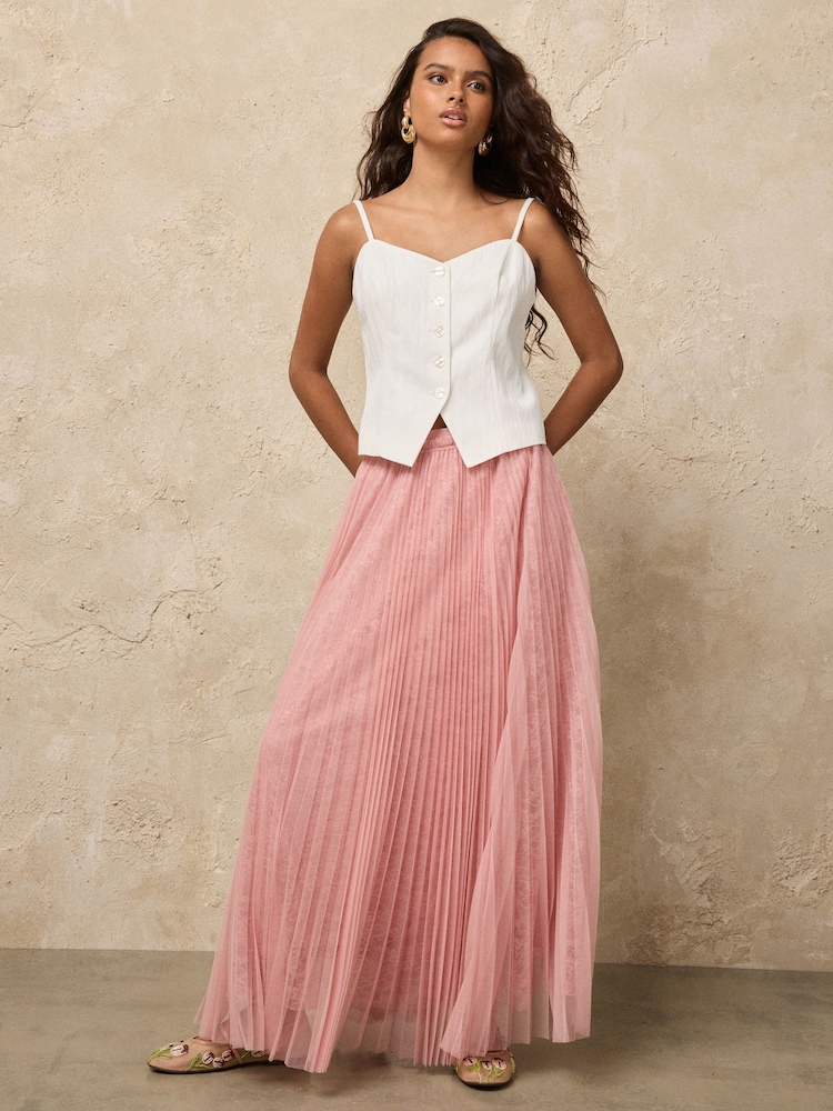 Pink Mesh and Lace Pleated Maxi Skirt - Image 1 of 7