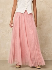 Pink Mesh and Lace Pleated Maxi Skirt - Image 2 of 7