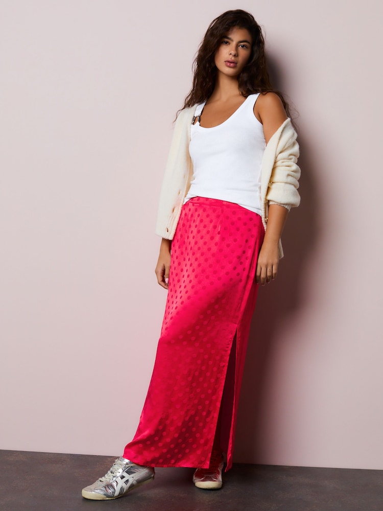 Coral/Pink Jacquard Polka Dot Satin Skirt - Image 1 of 7 Coral/Pink Jacquard Polka Dot Satin Skirt - Image 1 of 7