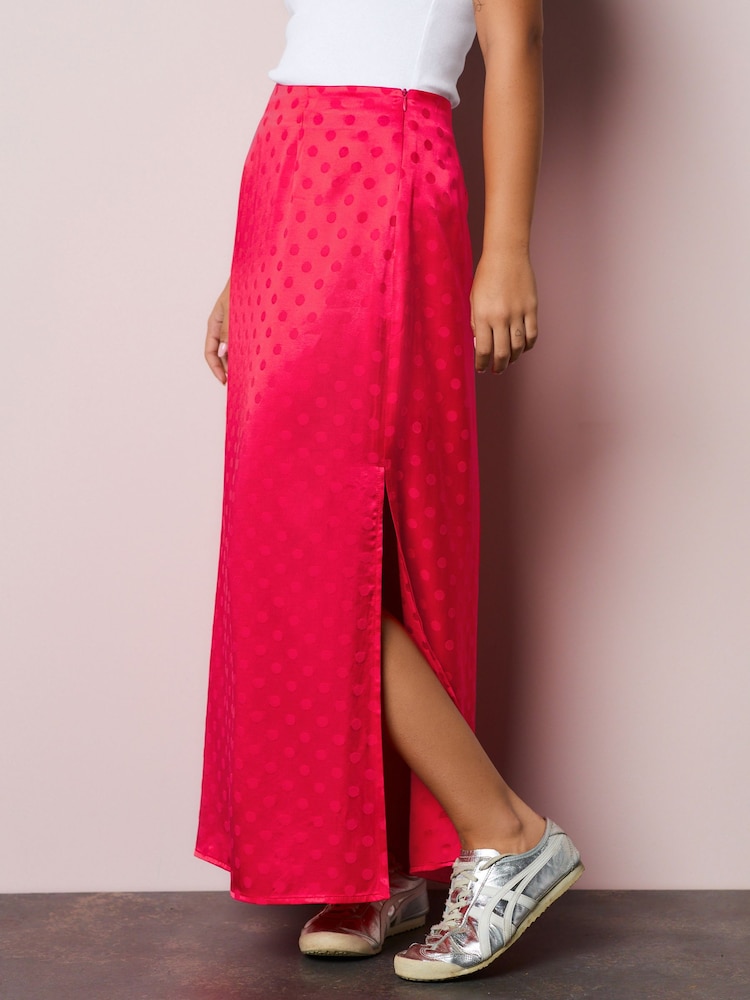 Coral/Pink Jacquard Polka Dot Satin Skirt - Image 2 of 7 Coral/Pink Jacquard Polka Dot Satin Skirt - Image 2 of 7