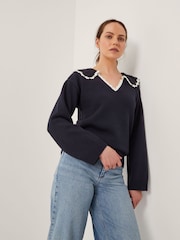 Monsoon Blue Clay Collar V-Neck Jumper - Image 1 of 4