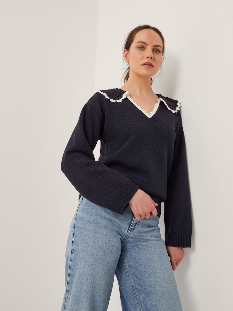 Monsoon Blue Clay Collar V-Neck Jumper - Image 1 of 4