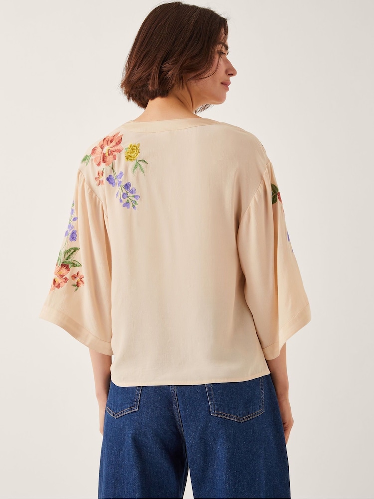 Monsoon Cream Sylvia Floral Print Embroidered V-Neck Top - Image 2 of 4 Monsoon Cream Sylvia Floral Print Embroidered V-Neck Top - Image 2 of 4