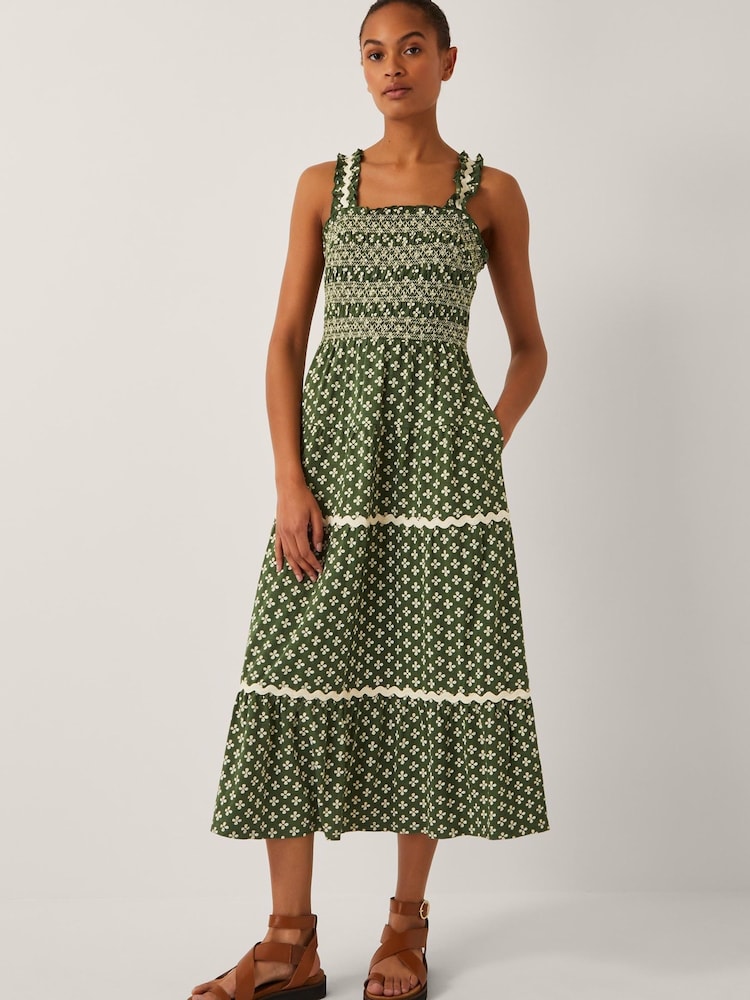 Monsoon Green Daisy Geometric Print Jersey Midi Dress - Image 1 of 4