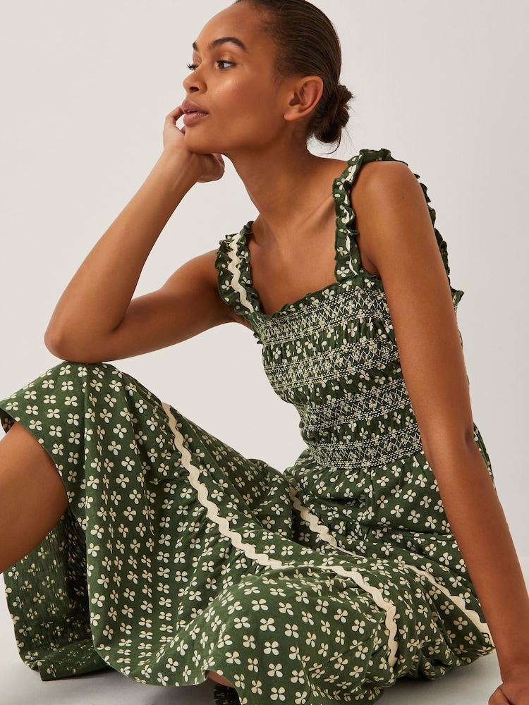 Monsoon Green Daisy Geometric Print Jersey Midi Dress - Image 4 of 4