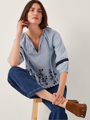 Monsoon Blue Cara Embroidered Stripe Blouse - Image 1 of 5