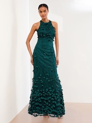 Lipsy Teal Blue Premium Floral 3D Textured Halter Maxi Dress - Image 1 of 4