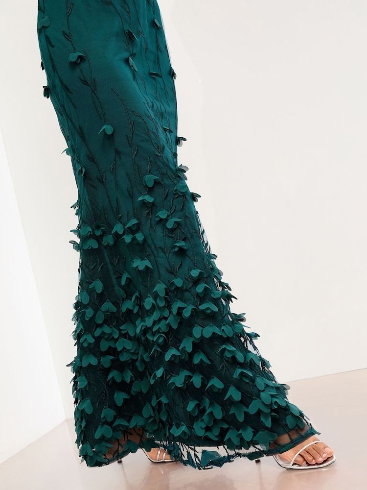 Lipsy Teal Blue Premium Floral 3D Textured Halter Maxi Dress - Image 2 of 4