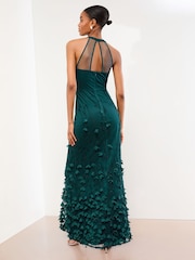 Lipsy Teal Blue Premium Floral 3D Textured Halter Maxi Dress - Image 4 of 4