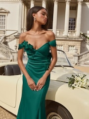 Lipsy Teal Blue Bardot 3D Floral Trim Bridesmaid Dress - Image 2 of 4