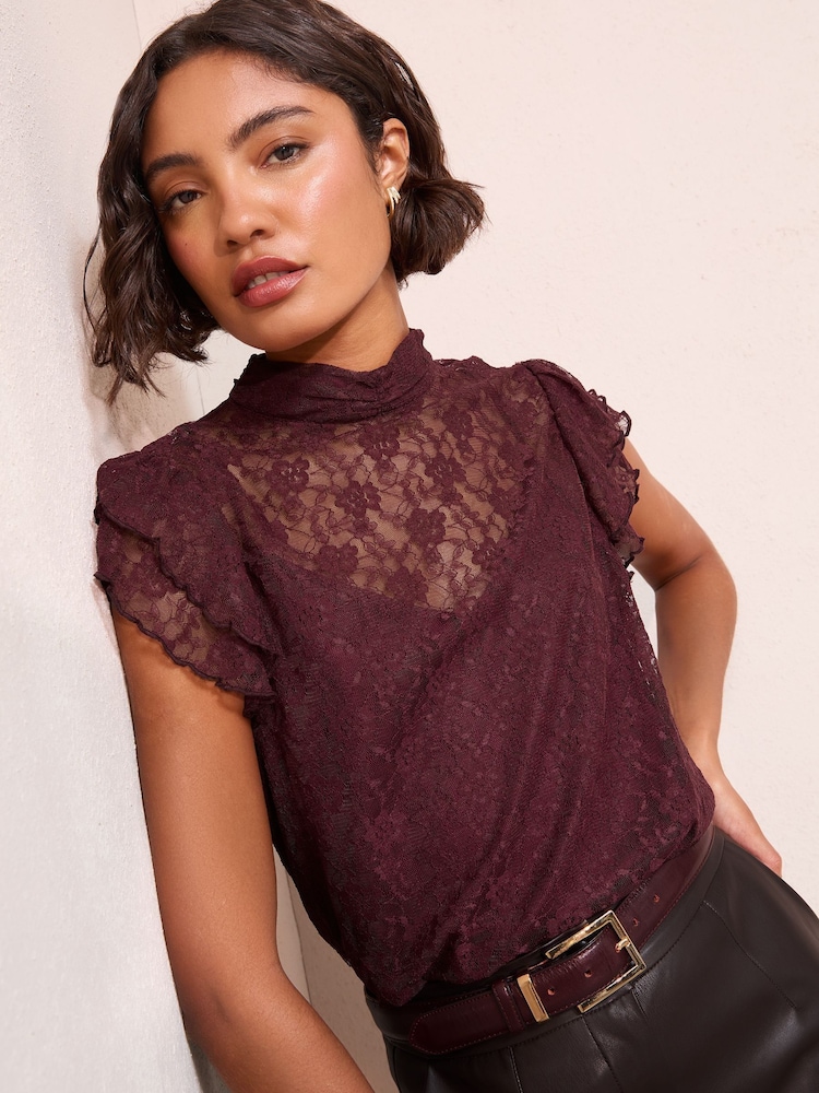 Friends Like These Burgundy Red High Neck Lace Top - Image 1 of 4