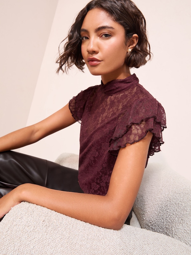 Friends Like These Burgundy Red High Neck Lace Top - Image 2 of 4